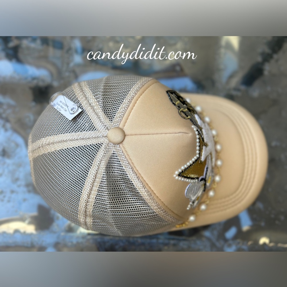 Beautiful Handmade LV Embellished Beige Cap with Pearls and Patches - Picture 8 of 9